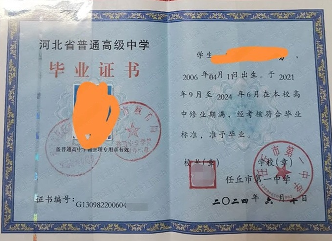 淄博任丘市第一中学高中毕业证样本图片